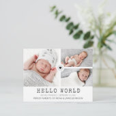 Modern Hello World Fotos Grid Collage Birth Ankündigungspostkarte (Stehend Vorderseite)