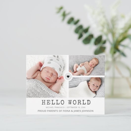 Modern Hello World Fotos Grid Collage Birth Ankündigungspostkarte (Stehend Vorderseite)