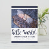 Modern Hello World Navy Foto Geburtsstat Ankündigung (Stehend Vorderseite)