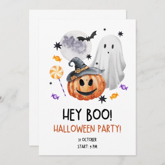 Modern Hey Boo Halloween-Party Einladung (Vorne/Hinten)