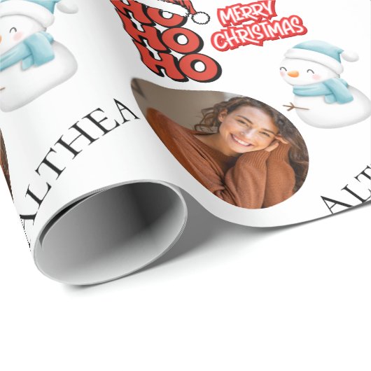 Modern Ho Ho Ho Ein Foto Name Frohe Weihnachten Geschenkpapier (Rolleneckpunkt)