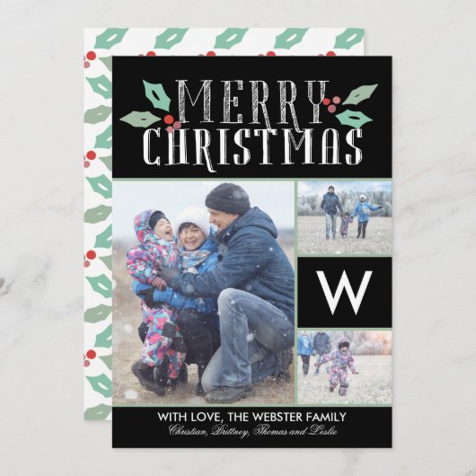 Modern Hollies Monogram 3 Foto Weihnachten (Vorne/Hinten)