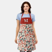 Modern Holly Berry Christmas Botanical Monogram Schürze (Getragen)