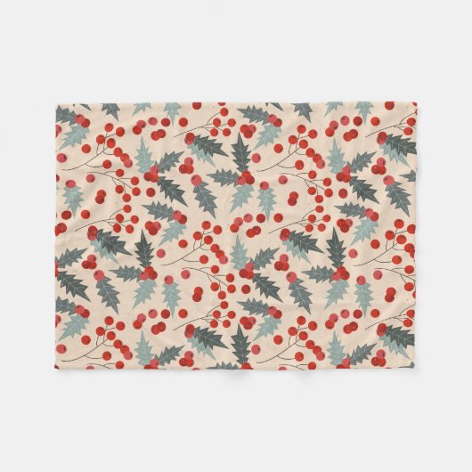 Modern Holly Berry Christmas Botanisches Muster Fleecedecke (Vorderseite (Horizontal))