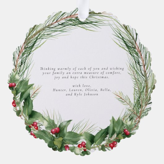 Modern Holly Berry Frohe Weihnachts Foto Wreath Ornament Karte (Rückseite)