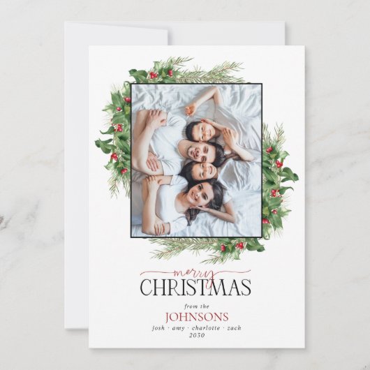 Modern Holly Berry Greenery Frohe Weihnachten Foto (Vorderseite)