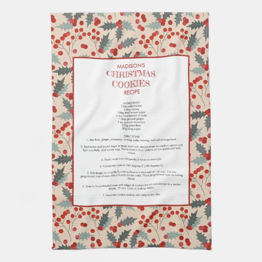 Modern Holly Berry Weihnachten Botanisches Rezept Geschirrtuch (Vertikal)