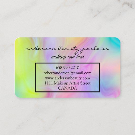 Modern holographic makeup artist unicorn rainbow visitenkarte (Rückseite)