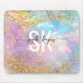 Modern holographic opal stone iridescent monogram  mousepad (Vorne)
