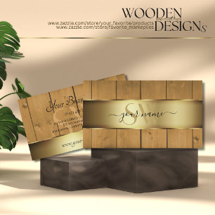 Modern Holzbohlen Brown Woodgrain Monogram Gold Visitenkarte
