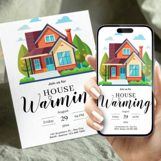 Modern Home Illustration Green Brown Housewarming Einladung