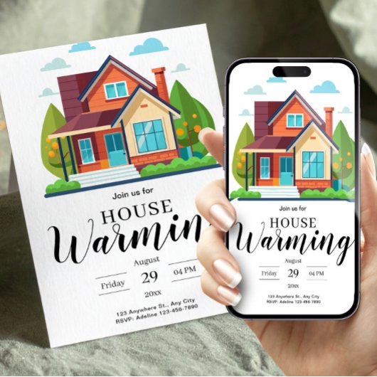 Modern Home Illustration Green Brown Housewarming Einladung