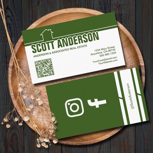 Modern Home Logo Social Media QR Code Green Visitenkarte