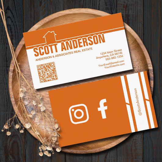 Modern Home Logo Social Media QR Code Orange Visitenkarte