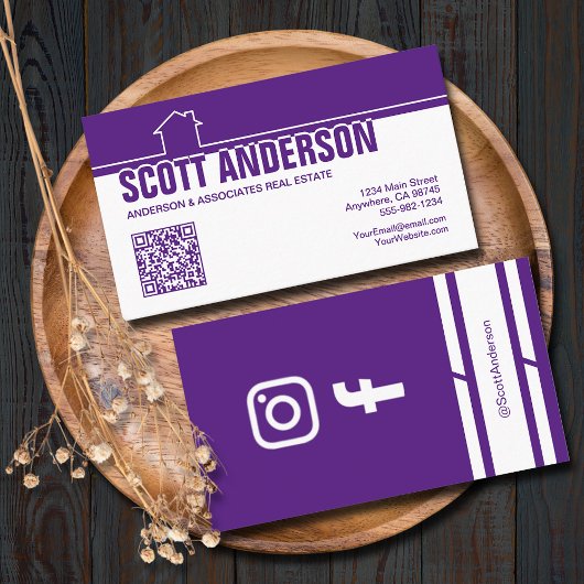 Modern Home Logo Social Media QR Code Purple Visitenkarte