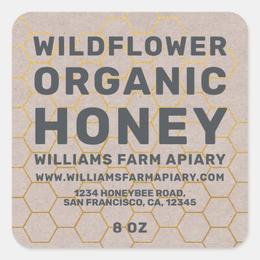 Modern Honey Jar Label Honeybee Apiary Kraft Paper Quadratischer Aufkleber (Vorderseite)