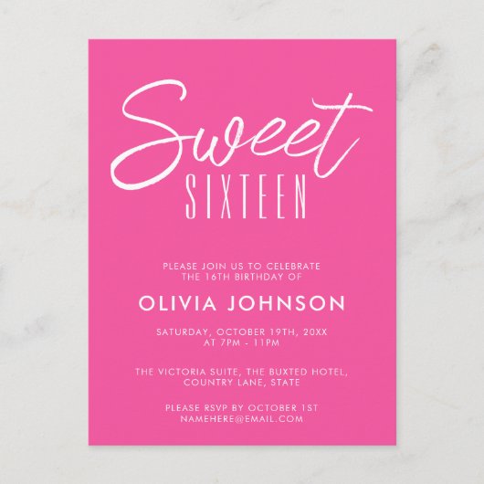 Modern Hot Pink 16 . Geburtstag 16. Geburtstag Postkarte (Vorderseite)