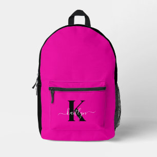 Modern Hot Pink Black Script Monogram Bedruckter Rucksack