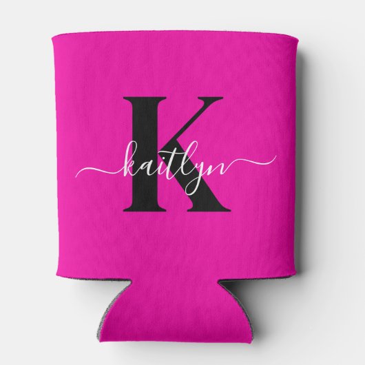 Modern Hot Pink Black Script Monogram Dosenkühler (Rückseite)