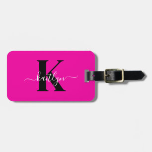 Modern Hot Pink Black Script Monogram Gepäckanhänger