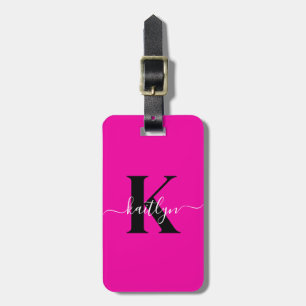 Modern Hot Pink Black Script Monogram Gepäckanhänger