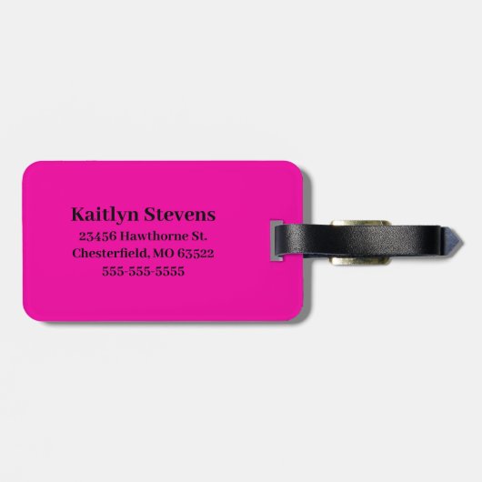 Modern Hot Pink Black Script Monogram Gepäckanhänger (Rückseite horizontal)