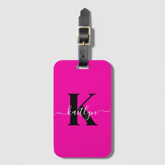 Modern Hot Pink Black Script Monogram Gepäckanhänger (Vorderseite Vertikal)