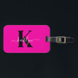 Modern Hot Pink Black Script Monogram Gepäckanhänger<br><div class="desc">Dieses einfache, elegante, rosa Gepäckanhänger mit Ihrem Vornamen in einem trendigen Schriftart in Weiß tippt über Ihren ersten Start in einem modernen Mütze-Schriftart in Schwarz auf der einen Seite und eine Folie in der Karte für Ihren Namen, Adresse und Telefonnummer auf der anderen Seite würde auf Ihren Koffern fabelhaft aussehen....</div>