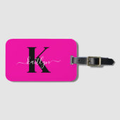 Modern Hot Pink Black Script Monogram Gepäckanhänger (Vorderseite (Horizontal))