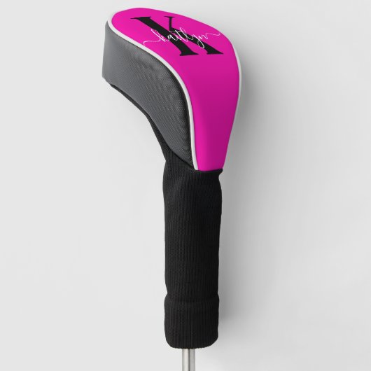 Modern Hot Pink Black Script Monogram Golf Headcover (angewinkelt)