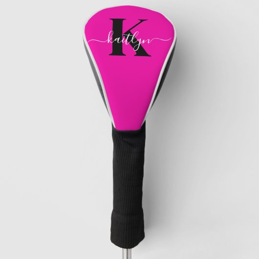 Modern Hot Pink Black Script Monogram Golf Headcover (Vorderseite)