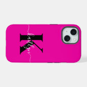 Modern Hot Pink Black Script Monogram iPhone 15 Hülle (Rückseite (Horizontal))