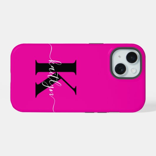 Modern Hot Pink Black Script Monogram iPhone 15 Hülle (Rückseite (Horizontal))