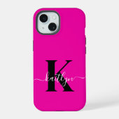 Modern Hot Pink Black Script Monogram iPhone 15 Hülle (Rückseite)