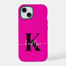 Modern Hot Pink Black Script Monogram iPhone 15 Hülle