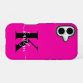 Modern Hot Pink Black Script Monogram iPhone 16 Hülle (Rückseite (Horizontal))