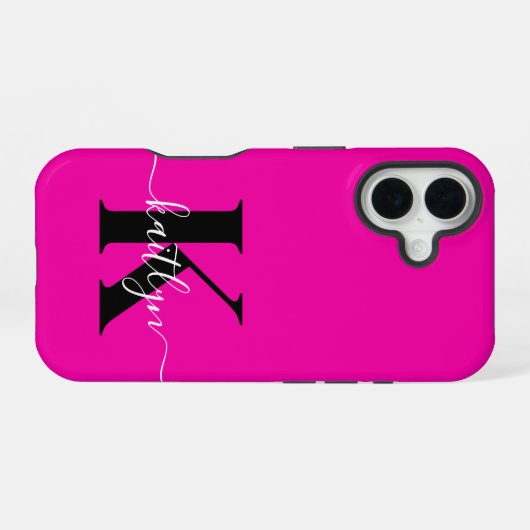Modern Hot Pink Black Script Monogram iPhone 16 Hülle (Rückseite (Horizontal))