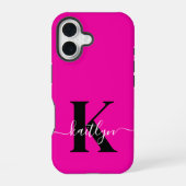 Modern Hot Pink Black Script Monogram iPhone 16 Hülle (Rückseite)