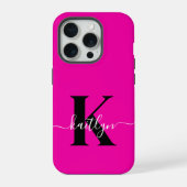 Modern Hot Pink Black Script Monogram iPhone Hülle (Rückseite)
