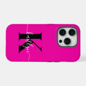Modern Hot Pink Black Script Monogram iPhone Hülle (Rückseite (Horizontal))