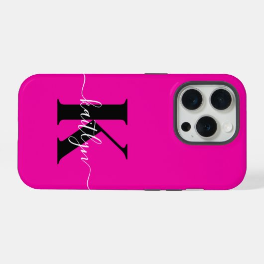 Modern Hot Pink Black Script Monogram iPhone Hülle (Rückseite (Horizontal))
