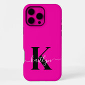 Modern Hot Pink Black Script Monogram iPhone Hülle (Rückseite)