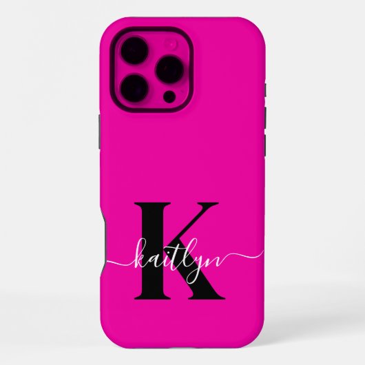 Modern Hot Pink Black Script Monogram iPhone Hülle (Rückseite)
