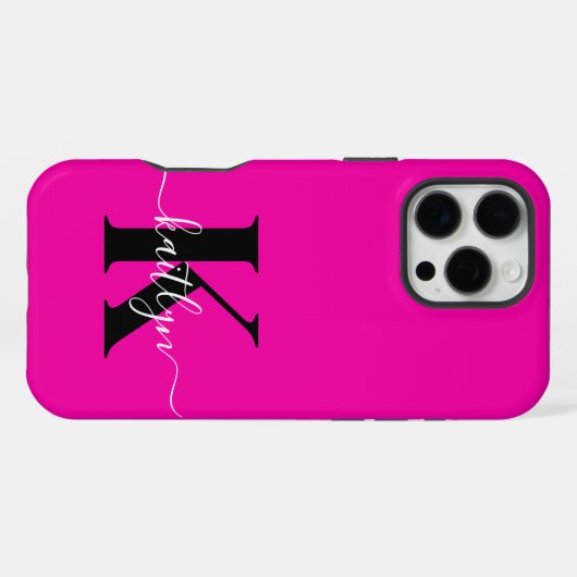 Modern Hot Pink Black Script Monogram iPhone Hülle (Rückseite (Horizontal))