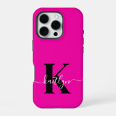 Modern Hot Pink Black Script Monogram iPhone Hülle (Rückseite)