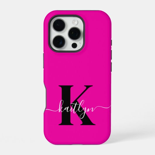 Modern Hot Pink Black Script Monogram iPhone Hülle (Rückseite)