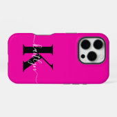 Modern Hot Pink Black Script Monogram iPhone Hülle (Rückseite (Horizontal))