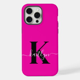 Modern Hot Pink Black Script Monogram iPhone 15 Pro Max Hülle