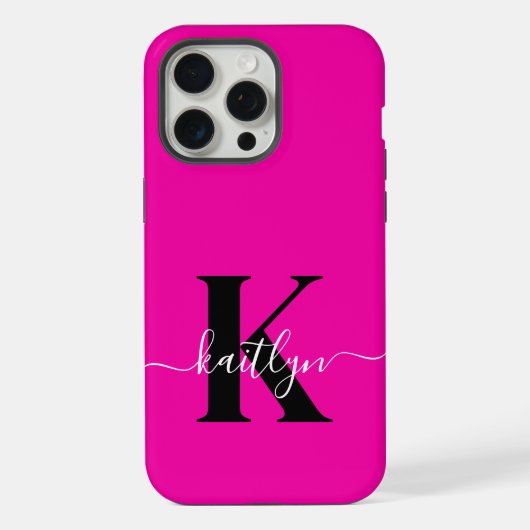 Modern Hot Pink Black Script Monogram iPhone Hülle (Rückseite)
