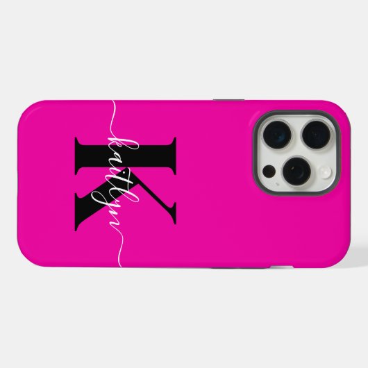 Modern Hot Pink Black Script Monogram iPhone Hülle (Rückseite (Horizontal))